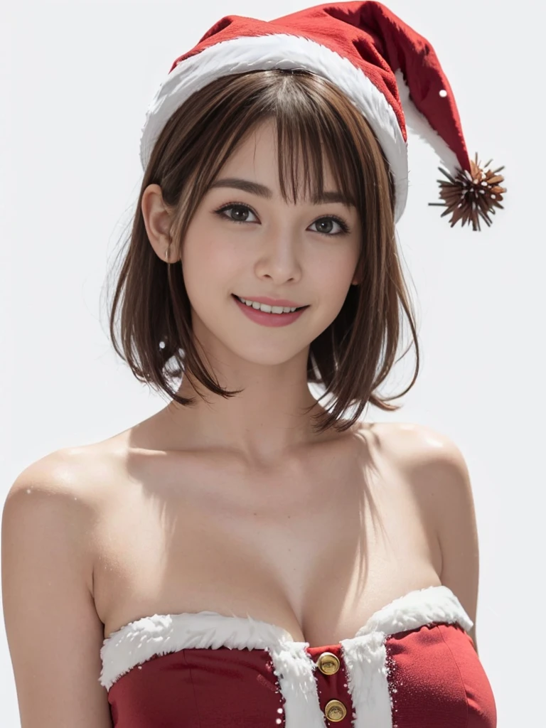 (8k quality), (best quality: 1.2), (realistic), (photorealistic), ultra high definition, 1 girl, (((solo)), cute, smile, closed mouth, beautiful details, beautiful nose in detail, short hair, huge breasts dalcefo, big eyes, long neck, ears, short hair, short hair, huge, (Santa Claus costume, Santa Claus hat, bangs, bangs, long neck, cute, really snow-white background, happy smile)))