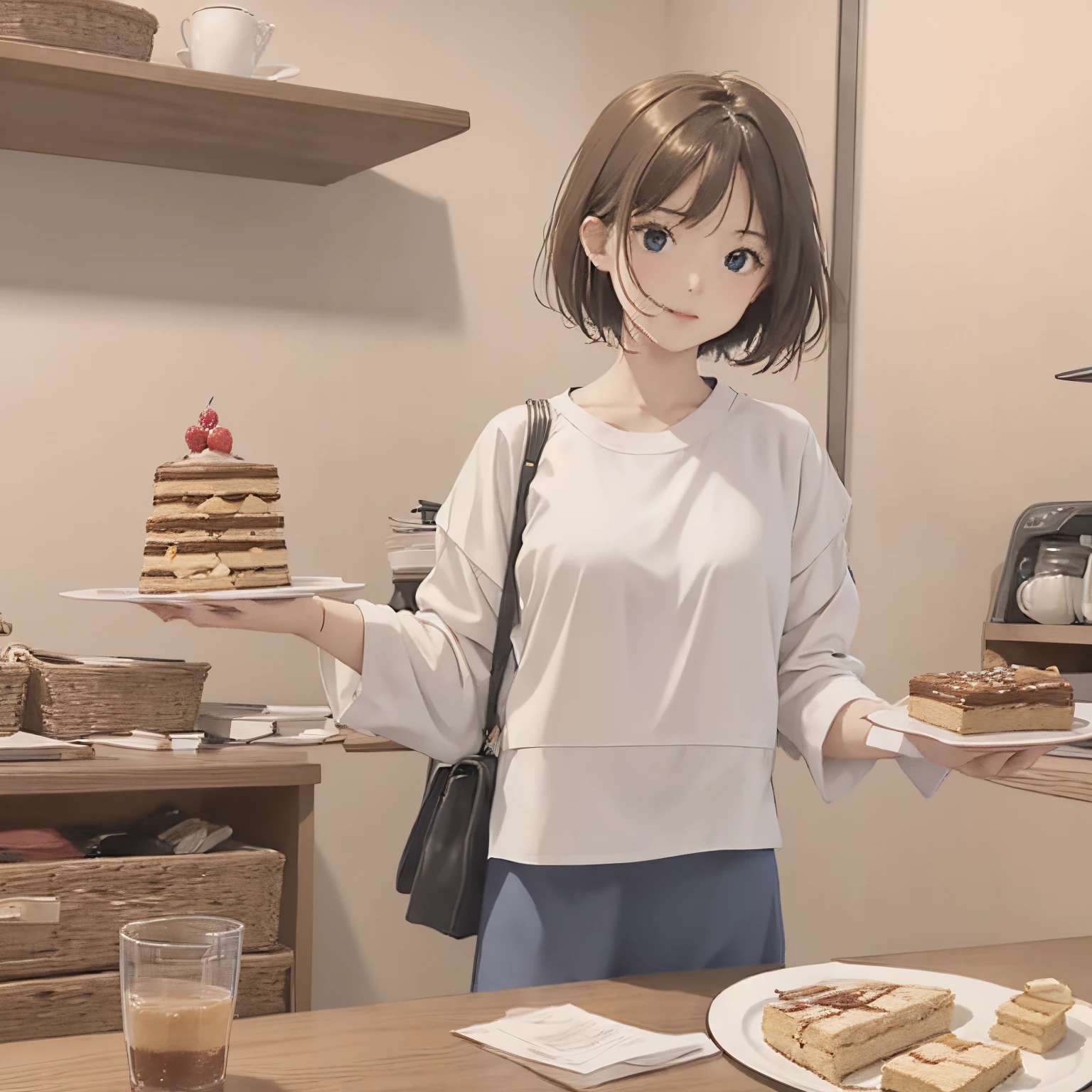 hightquality、masuter piece、8K、Photorealistic anime drawings、((1girl in、Holding a fork in your hand)、14years、short-hair、a blue skirt、white shirt、confident facial expression)、in a house、(The table、Mille-feuille cake)