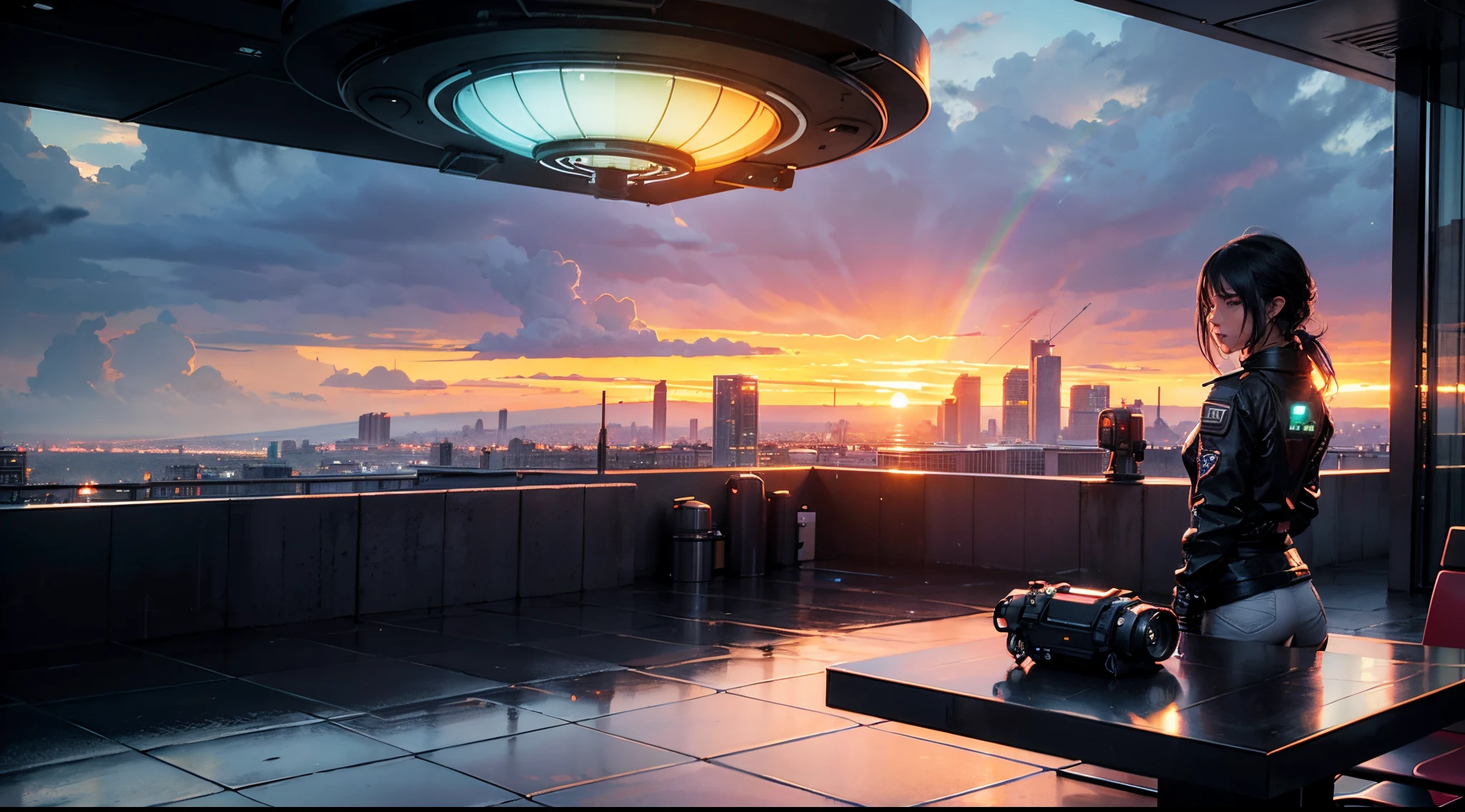 nextgen octane render of an impressive sunset in a rainy day seen from a terrace with view of the whole city, everything is futuristic, futurepunk, outside in the sky there's a colossal ufo and heavy rain with a rainbow near the sun , for a lofi music channel