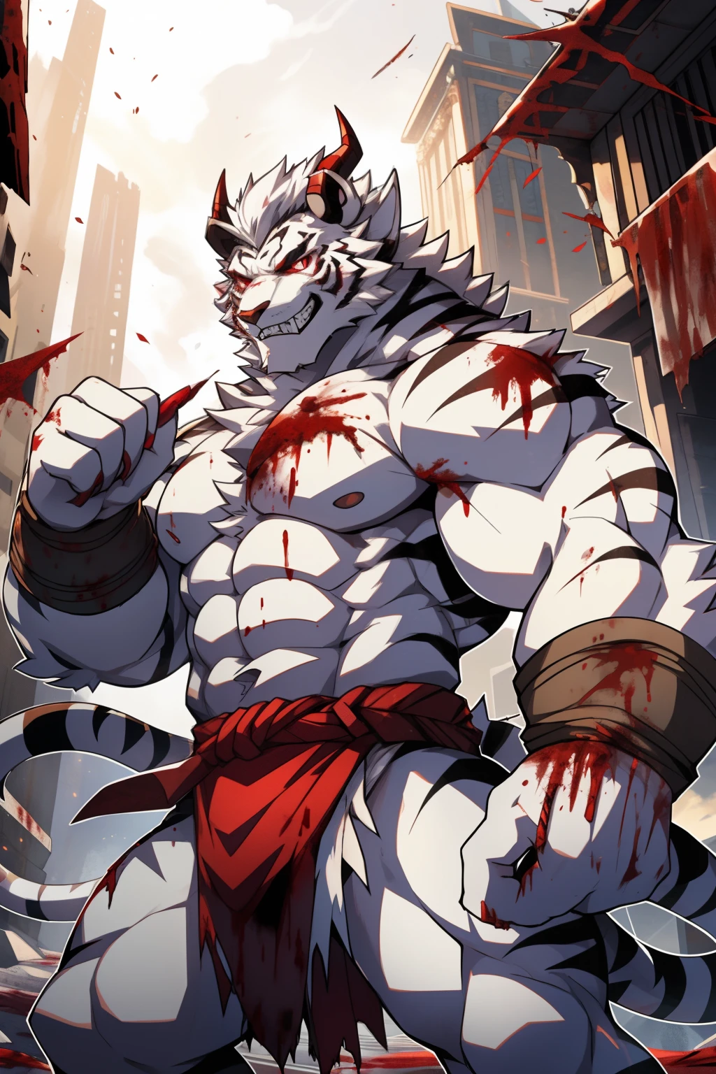Bodybuilder, white tiger,polar bear, terroral，blood vess，rampage，zombie，Blood on the body，The corners of his mouth were stained with blood，solo person，White body，White ears，White hair，White fur，Overall white，Black-red eyes，tiger tail，young，Wear a red fundoshi，Ultra-clear screen，Soft lines, ((white fur), (Grin face), (Menacing look),(Demon horn), (Pair of Black-Red horn on head),(long straight horn))