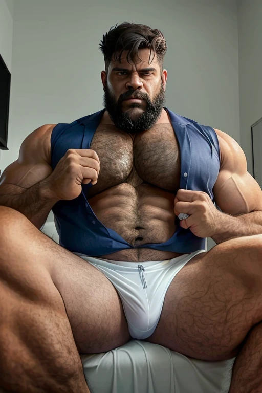 Uncle Banner the Hulk in the Avengerale uncle,A little bearded,Strong body,big breasts slightly fat,Short black hair,The upper body wearing a light blue shirt,With a black tie,The shirts were all unbuttoned,Exposes the pectorals and abs,The lower body wrapped in white panties,There chest hair,There leg hair,The thighs are also hairy,Sit on the bed,Spread your legs,Legs raised,Expose the thick soles of your feet,Arm back,Butt forward,Sweaty face,Covered in sweat,The expression shy,There also a person behind it