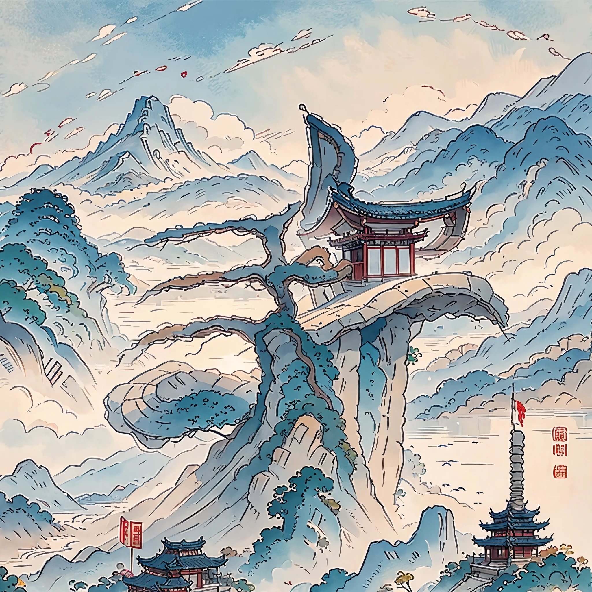 Mountain painting with a pagoda on a small island, chinese watercolor style, chinese painting style, digital painting of a pagoda, Chinese landscape, traditional Chinese watercolor painting, chinese paintings, Japan Art Style, High detail watercolor 8K, highly detailed water colour 8 k, detailed painting 4 k, author:heroes, japanese painting, author:Qu Leile,light and shadows