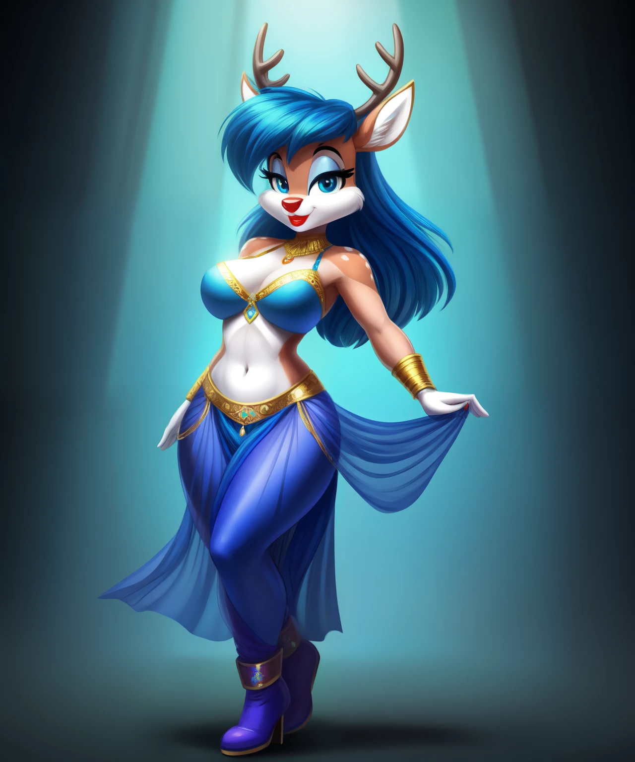 Azure the female deer, blue belly dancer outfit, blue hair, red lipstick, blue boots, full body, tiny toons style