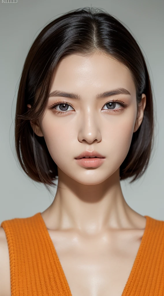 Full figure, editorial photo, 1girl japanese very sexy, full figure, short black hair, naked Just dressing Orange padded winter vest and Orange high heel plataform, flat white background, RAW, lights, 8k, very detailed, Perfect skin Perfect face, Perfect beauty, Perfect eyes, very detailed iris, reckles:0.8), (lips parted), realistic hazel eyes, POV, realistic, film grain,beautiful symmetrical face, perfect sparkling eyes, well defined pupils, high contrast eyes, ultra detailed skin, skin, full figure