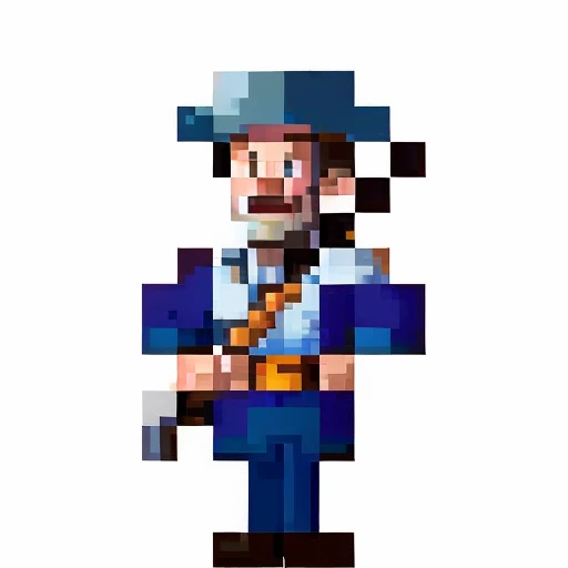 Colonial soldier with black tricorn hat and blue uniform with high white collar as well as in the middle of the chest is a red rank sign and the sleeves of the uniform are blue with white cuffs as well as the pants are dark pants that merge into black boots, also he is holding the weapon at the bottom with his right hand while holding the left hand at the top of the barrel. 2 D Sprite, 1 Petapixel Image, Pixel Art Sprite, SPRITE 2 D, Video Game Sprite, Reduced Portrait of a Duke, Slightly Pixelated, A Pirate, Symmetrical Portrait RPG Avatar, Strong JPEG Artifact Blurred, Full Body Sprite, 2 D Texture, 2 D Texture
