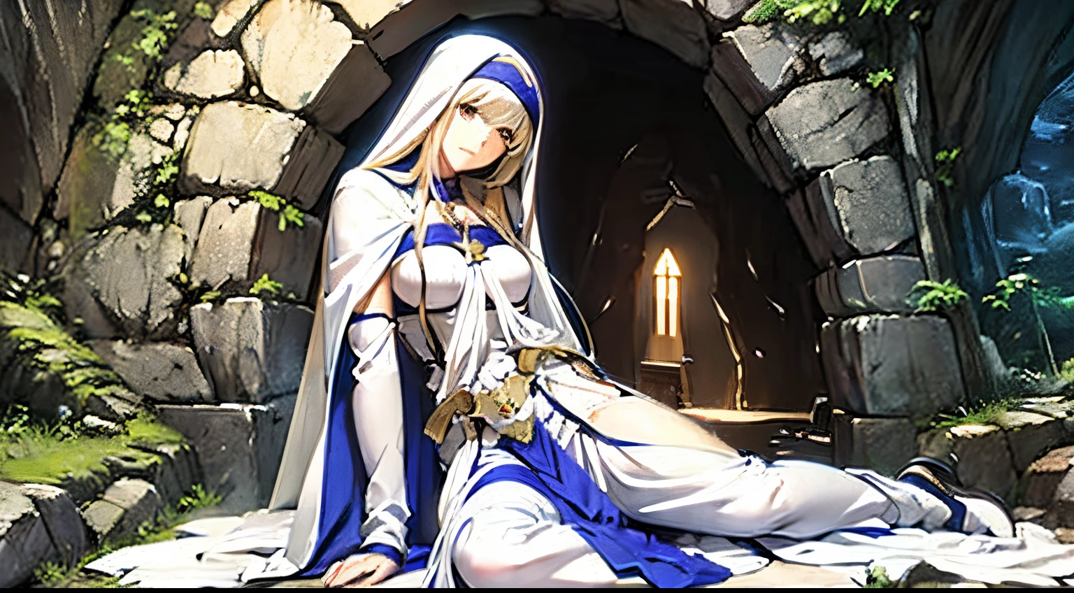 Sword maiden sitting still in a dark cave