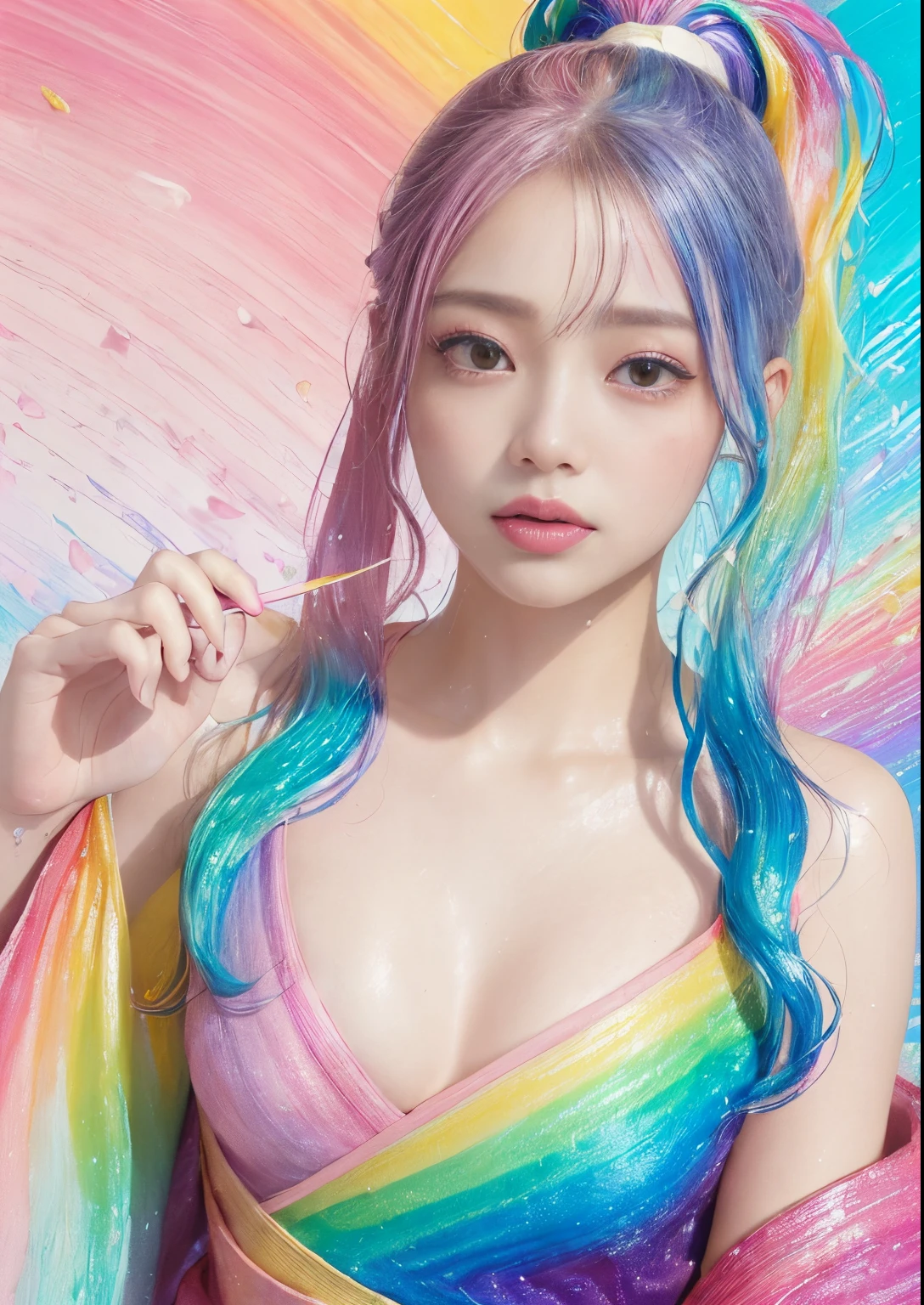 (Pink fashion T-shirt:1.9)、pastels、(colourful hair:1.8)、(all the colours of the rainbow:1.8)、((((Vertical Painting:1.6)))、(Painterly:1.6)、frontage、big eye、Sheer eyes、(Iridescent gradient high ponytail:1.7)、Exquisite makeup、Mouth closed、(Small fresh:1.5)、(Wipe Chest:1.6)、long eyes、A teary-eyed man wearing a white off-shoulder T-shirt、(rainbow-colored hair:1.6)、Color explosion, Messy lines, ((Shines)), (colourfull), Chic paint style, (color splashes), Vertical Painting, NSFW、 Paint splashes, Acrylic Pigment, gradients, depth of fields, facepaint, colourful clothes, (elegent: 1.2), Gorgeous,length hair, the wind, (elegent: 1.3), (flower petals:1.4)、(((​masterpiece)))、(((top-quality)))、((ultra-detailliert))、(dynamic ungle)、((Planktonic))、(paint)、((dishevled hair))、(独奏)、((beautifull detailed face))、my shoulder hurts、white  hair、((colourful hair))、(((striated hair))、beatiful detailed eyes、(Gradient color eyes)、((cammel toe))、(colorful backdrop))))、((((a high chroma))))、(((Surrounded by colorful splashes)))