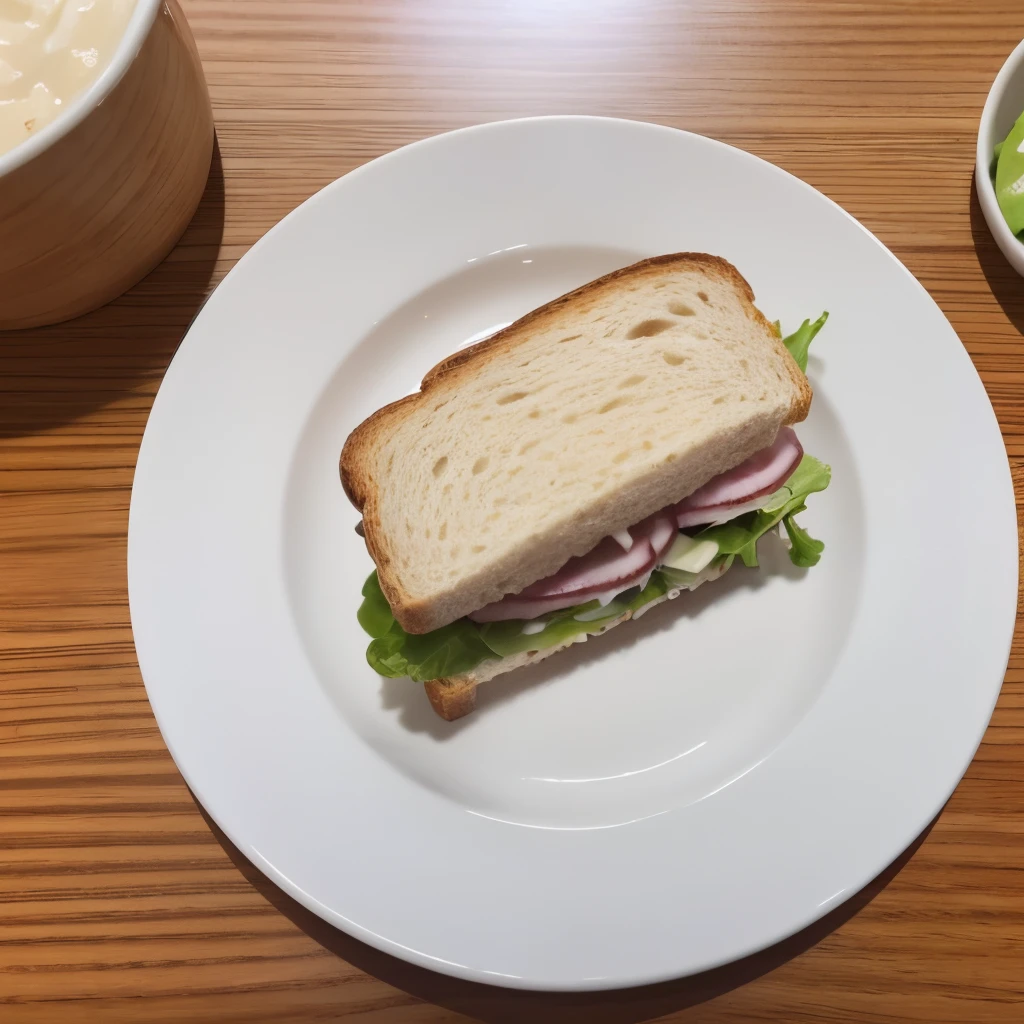 top-quality, ​masterpiece, 超A high resolution, 8K, Unripe, (photographrealistic:1.4), profetional lighting、inside in room、Bright interior、bright light night landscape、white walls、livingroom、plate placed on the table、sandwich、Ham sandwich、One-plate dishes、cow's milk、Zoom photos of food、photos realistic、Zoom photos of food、Photo from directly above、College Girl Breakfast