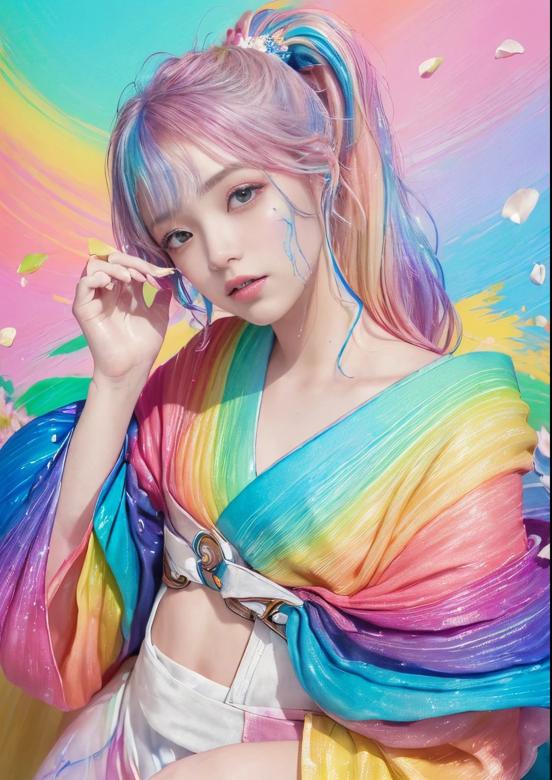 (Pink fashion T-shirt:1.9)、pastels、(colourful hair:1.8)、(all the colours of the rainbow:1.8)、((((Vertical Painting:1.6)))、(Painterly:1.6)、frontage、big eye、Sheer eyes、(Iridescent gradient high ponytail:1.7)、Exquisite makeup、Mouth closed、(Small fresh:1.5)、(Wipe Chest:1.6)、long eyes、A teary-eyed man wearing a white off-shoulder T-shirt、(rainbow-colored hair:1.6)、Color explosion, Messy lines, ((Shines)), (colourfull), Chic paint style, (color splashes), Vertical Painting, NSFW、 Paint splashes, Acrylic Pigment, gradients, depth of fields, facepaint, colourful clothes, (elegent: 1.2), Gorgeous,length hair, the wind, (elegent: 1.3), (flower petals:1.4)、(((​masterpiece)))、(((top-quality)))、((ultra-detailliert))、(dynamic ungle)、((Planktonic))、(paint)、((dishevled hair))、(独奏)、((beautifull detailed face))、my shoulder hurts、white  hair、((colourful hair))、(((striated hair))、beatiful detailed eyes、(Gradient color eyes)、((cammel toe))、(colorful backdrop))))、((((a high chroma))))、(((Surrounded by colorful splashes)))