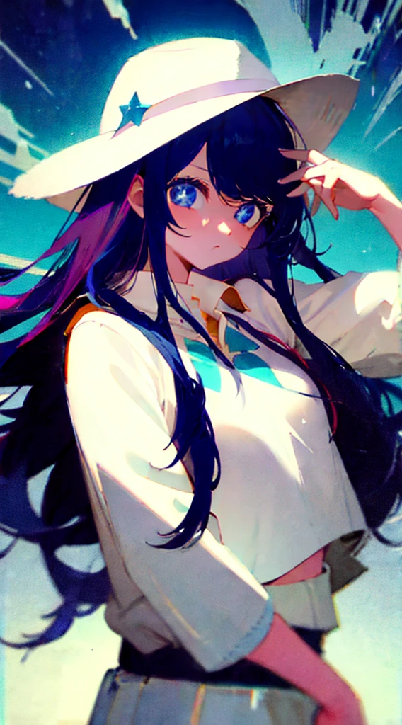 Girl. White long hair with bangs. Blue school uniform. Wearing a white hat. Blue eyes