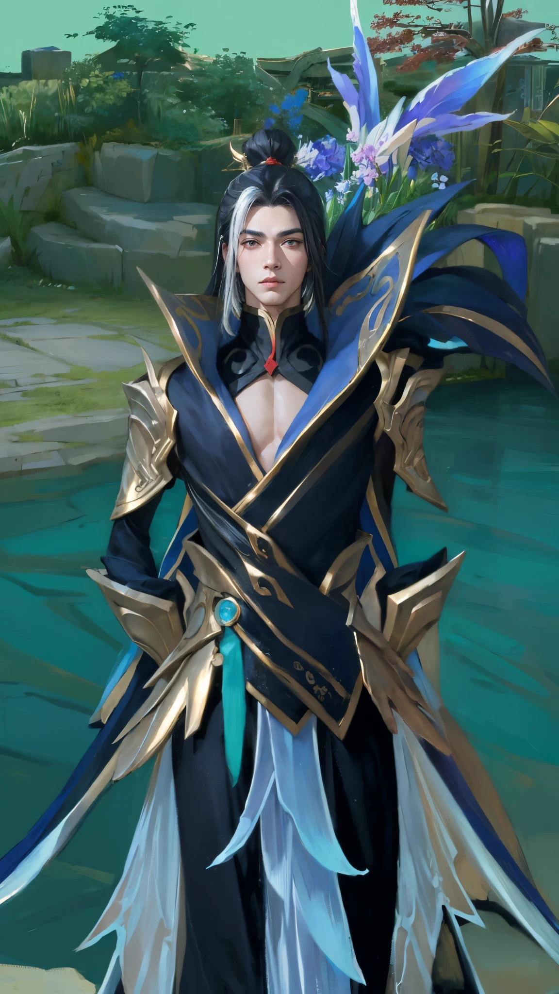 (Masterpiece:1.4), (best quality:1.2), enduring sword talon, 1boy, male focus, black hair, long hair, japanese clothes, hair ornament, black eyes