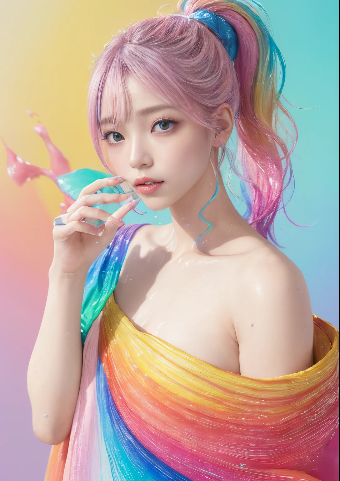 (Pink fashion T-shirt:1.9)、pastels、(colourful hair:1.8)、(all the colours of the rainbow:1.8)、((((Vertical Painting:1.6)))、(Painterly:1.6)、frontage、big eye、Sheer eyes、(Iridescent gradient high ponytail:1.7)、Exquisite makeup、Mouth closed、(Small fresh:1.5)、(Wipe Chest:1.6)、long eyes、A teary-eyed man wearing a white off-shoulder T-shirt、(rainbow-colored hair:1.6)、Color explosion, Messy lines, ((Shines)), (colourfull), Chic paint style, (color splashes), Vertical Painting, NSFW、 Paint splashes, Acrylic Pigment, gradients, depth of fields, facepaint, colourful clothes, (elegent: 1.2), Gorgeous,length hair, the wind, (elegent: 1.3), (flower petals:1.4)、(((​masterpiece)))、(((top-quality)))、((ultra-detailliert))、(dynamic ungle)、((Planktonic))、(paint)、((dishevled hair))、(独奏)、((beautifull detailed face))、my shoulder hurts、white  hair、((colourful hair))、(((striated hair))、beatiful detailed eyes、(Gradient color eyes)、((cammel toe))、(colorful backdrop))))、((((a high chroma))))、(((Surrounded by colorful splashes)))