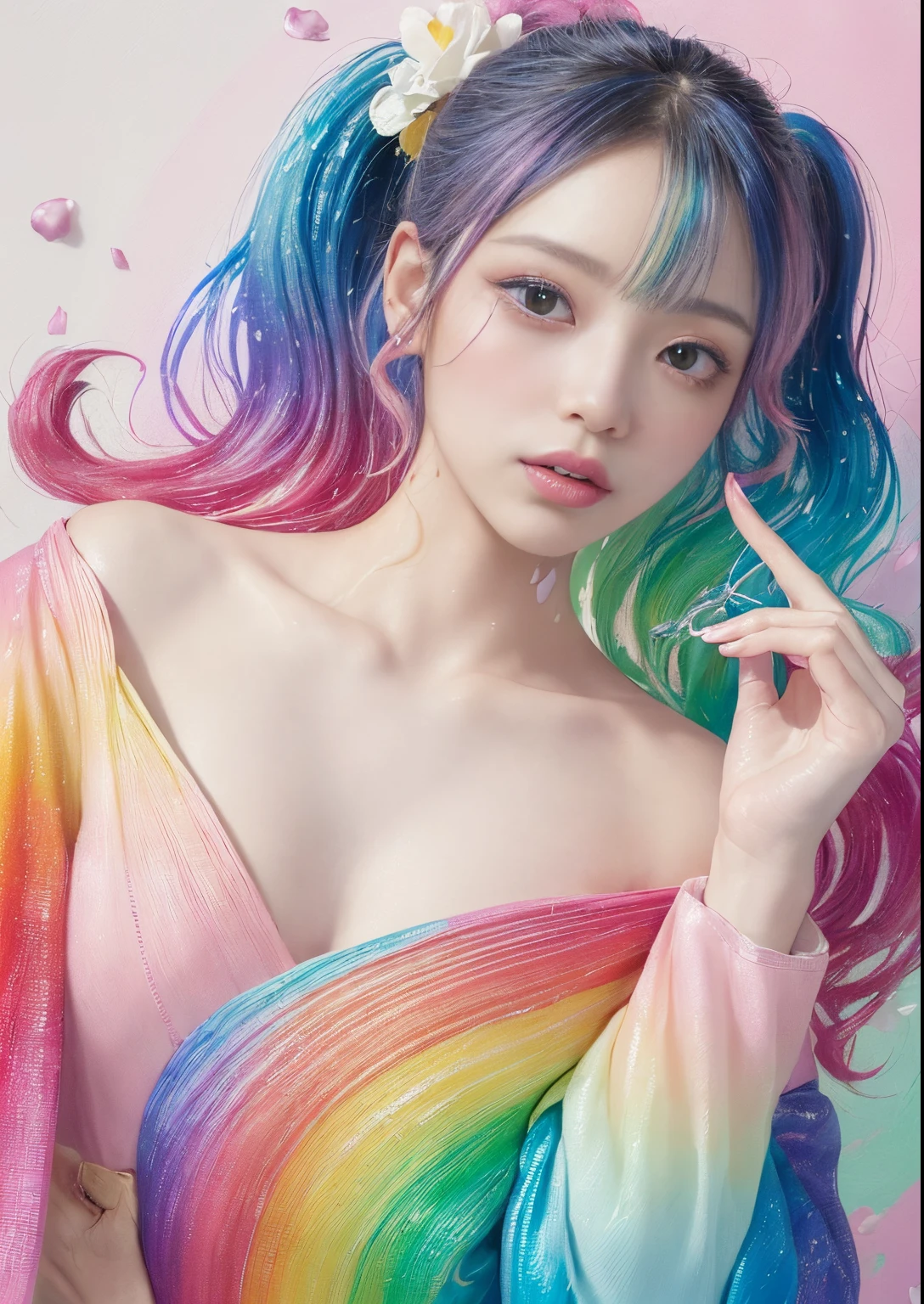 (Pink fashion T-shirt:1.9)、pastels、(colourful hair:1.8)、(all the colours of the rainbow:1.8)、((((Vertical Painting:1.6)))、(Painterly:1.6)、frontage、big eye、Sheer eyes、(Iridescent gradient high ponytail:1.7)、Exquisite makeup、Mouth closed、(Small fresh:1.5)、(Wipe Chest:1.6)、long eyes、A teary-eyed man wearing a white off-shoulder T-shirt、(rainbow-colored hair:1.6)、Color explosion, Messy lines, ((Shines)), (colourfull), Chic paint style, (color splashes), Vertical Painting, NSFW、 Paint splashes, Acrylic Pigment, gradients, depth of fields, facepaint, colourful clothes, (elegent: 1.2), Gorgeous,length hair, the wind, (elegent: 1.3), (flower petals:1.4)、(((masterpiece)))、(((top-quality)))、((ultra-detailliert))、(dynamic ungle)、((Planktonic))、(paint)、((dishevled hair))、(独奏)、((beautifull detailed face))、my shoulder hurts、white hair、((colourful hair))、(((striated hair))、beatiful detailed eyes、(Gradient color eyes)、((cammel toe))、(colorful backdrop))))、((((a high chroma))))、(((Surrounded by colorful splashes)))