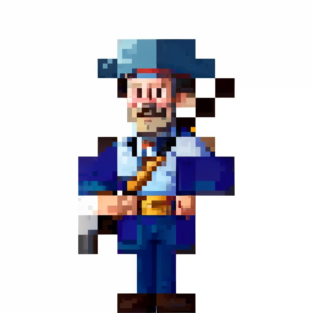 Colonial soldier with black tricorn hat and blue uniform with high white collar as well as in the middle of the chest is a red rank sign and the sleeves of the uniform are blue with white cuffs as well as the pants are dark pants that merge into black boots, also he is holding the weapon at the bottom with his right hand while holding the left hand at the top of the barrel. 2 D Sprite, 1 Petapixel Image, Pixel Art Sprite, SPRITE 2 D, Video Game Sprite, Reduced Portrait of a Duke, Slightly Pixelated, A Pirate, Symmetrical Portrait RPG Avatar, Strong JPEG Artifact Blurred, Full Body Sprite, 2 D Texture, 2 D Texture