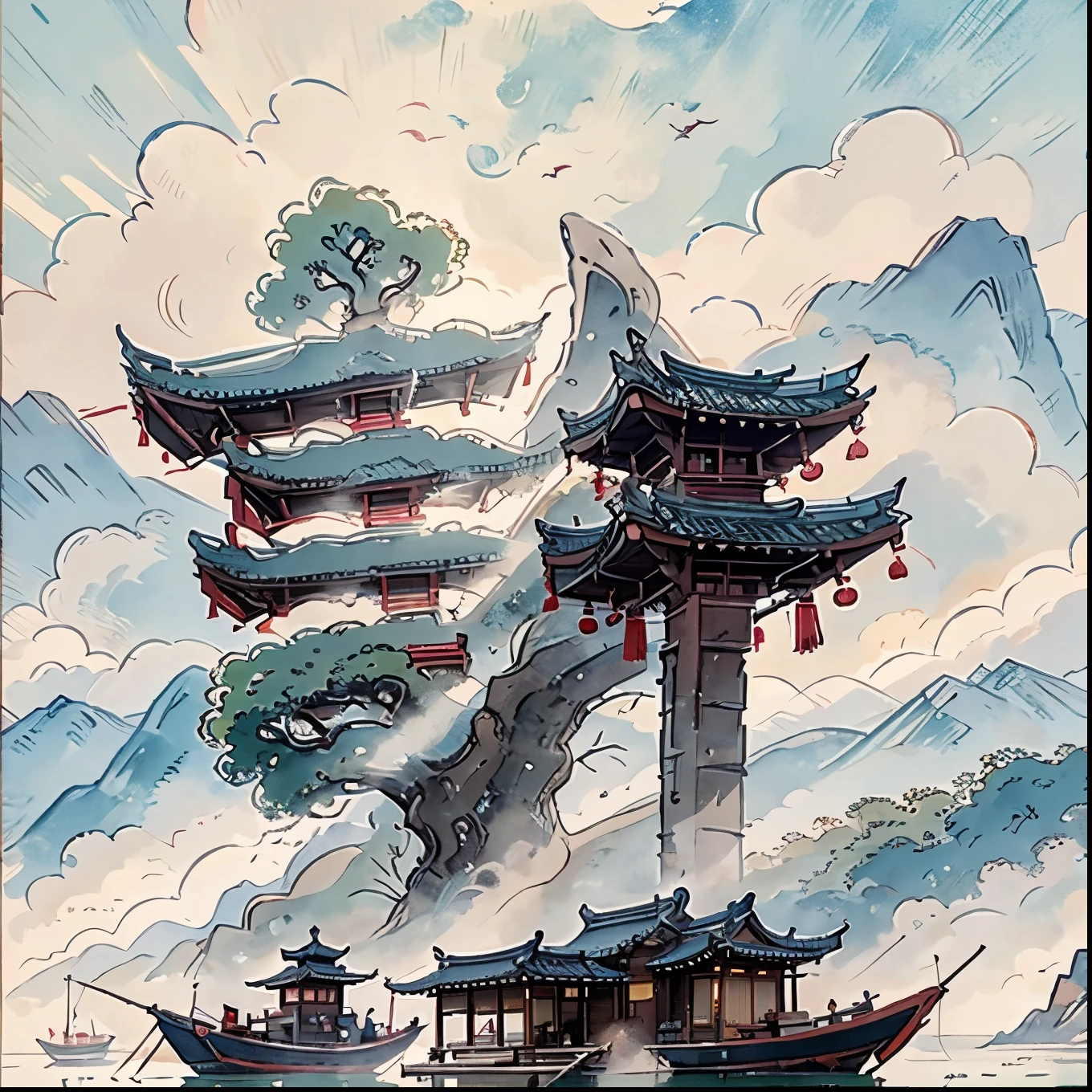 Mountain painting with a pagoda on a small island, chinese watercolor style, chinese painting style, digital painting of a pagoda, Chinese landscape, traditional Chinese watercolor painting, chinese paintings, Japan Art Style, High detail watercolor 8K, highly detailed water colour 8 k, detailed painting 4 k, author:heroes, japanese painting, author:Qu Leile,light and shadows