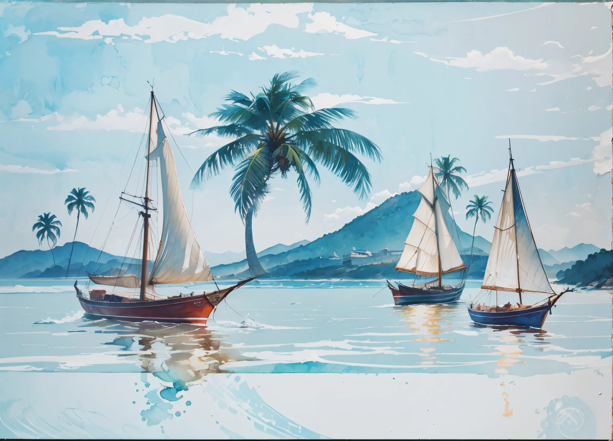 pintura aquarelado de mar coqueiros barcos com velas