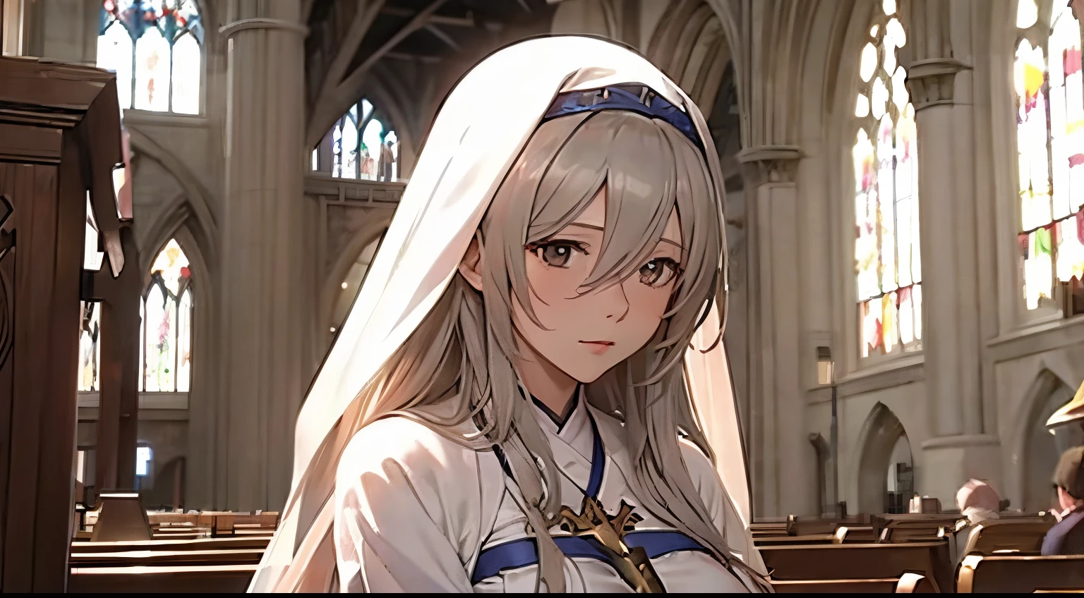 Sword maiden from goblin slayer show standing still in a church