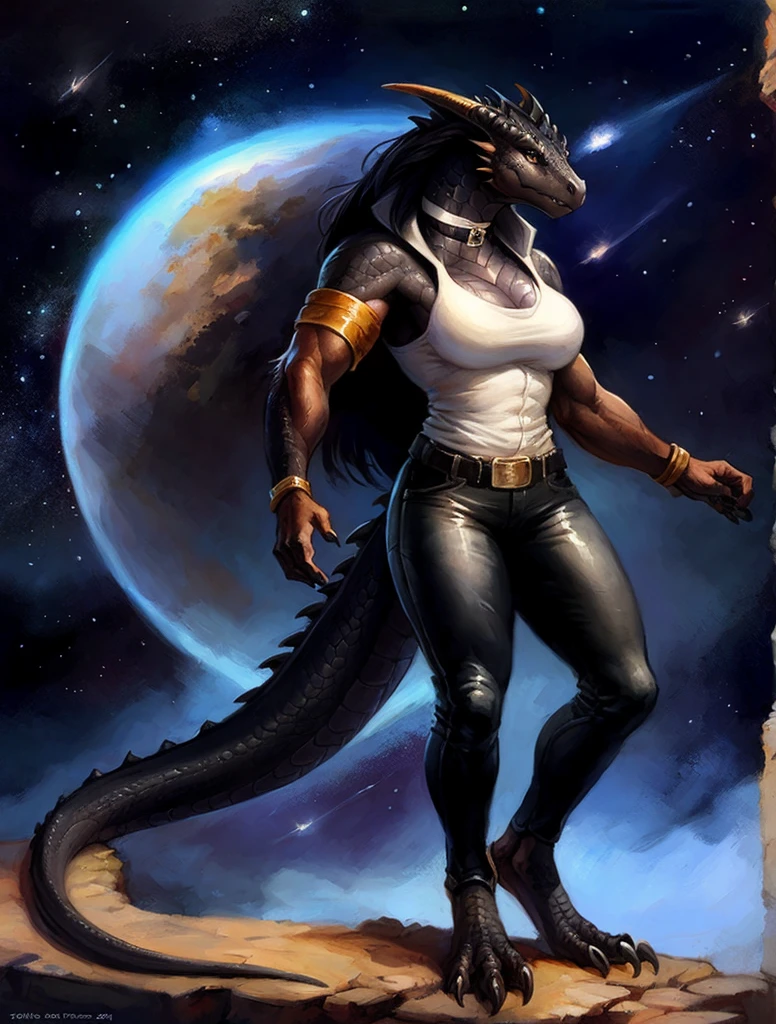 Dragon girl, big chest, day, sexy, sensual, detailed, uploaded to e621, beautiful and detailed portrait of an powerful anthropomorphic dragon ((female))) kenket, ross tran, ruan jia, uploaded to e621, zaush, foxovh, scalie, silver scalie, standing, open legs, long hair, muscular, large breats, epic realism, Black skin, Large neckline, (masterpiece, best quality:1.2), choker, tunic, black cloak, formal, White suit, muscular female, Shirt, suit, ((dark scales)), Black scales, Defense armband, solo, ((muscular)), veins, strong, veins, abs, frowning, Leather pants, space, spacesuit, Isolated planet, stars, shooting stars, starry sky, illuminated night, Detailed eyes, Full body, Detailed Feet, White shirt, neckline