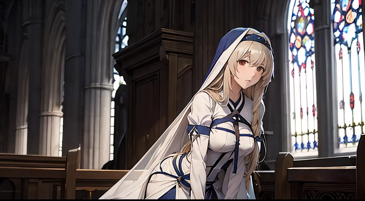 Sword maiden from goblin slayer show standing still in a church