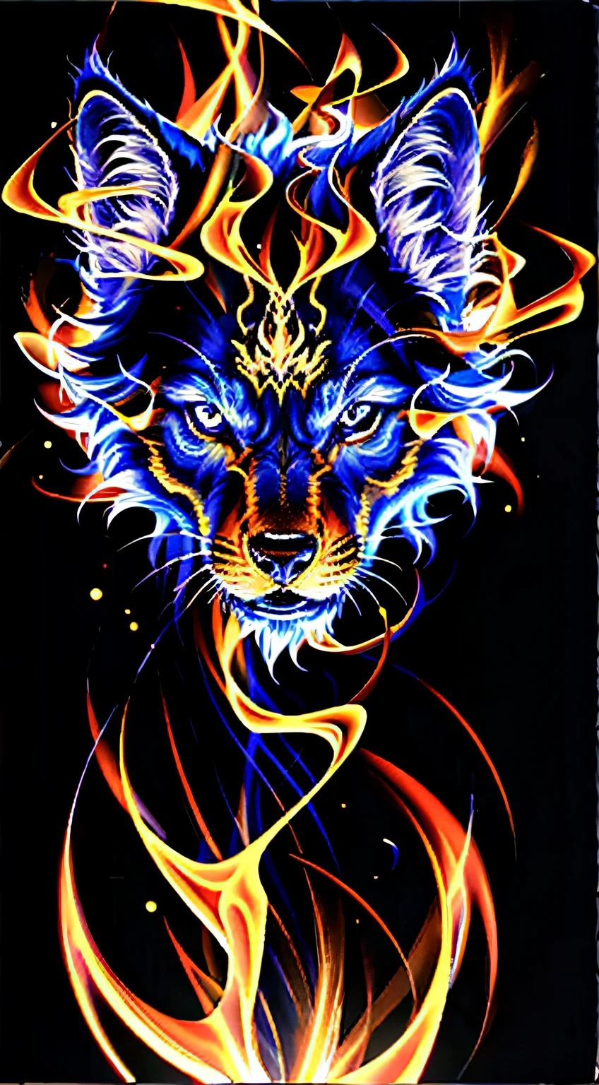 The main character  the depiction of a young wolf engulfed in flames., With a captivating pop image style, Increase expressiveness with multiple exposures and multiple layers, Create an epic dark fantasy atmosphere, This gouache illustration  really amazing, Capture every intricacy of a wolf puppy&#39;s fur, The truth of light and shadow, Additional beautiful flame glow explosion elements, Brush strokes add depth and power to your illustrations, The mysterious charm will draw you in even more.,