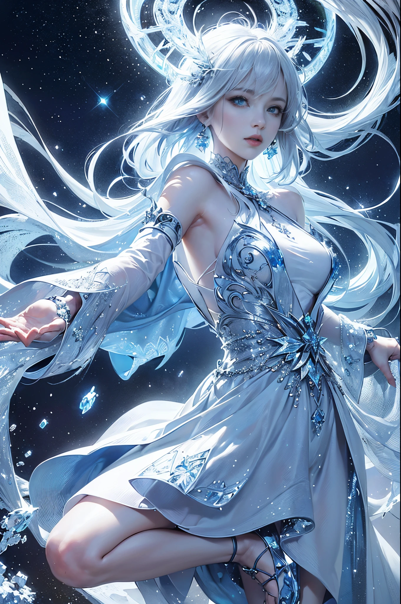 Silver and blue tones、((masterpiece)))、(((top-quality)))、((ultra-detailliert))、(A hyper-realistic)、(highly detailed CGillustration)、light Particle、Halo、Official art、Fractal Art、Geometry learned、Abstract background、mystical、sacredness、solemnity、Majestic、dignity、absolute zero、Diamond Dust、Ice magic chant that freezes everything、permafrost、Full body luminescence、Queen of snow、Cool Beauty、 Woman in her 30s、Slender eyes、sharp gaze、sapphire eyes、Super beautiful and sparkling eyes、sophisticated menegance、Gorgeous beauty、Fans、gorgeous dress、diamond encrusted solo、Perfect Angle、perfect-composition