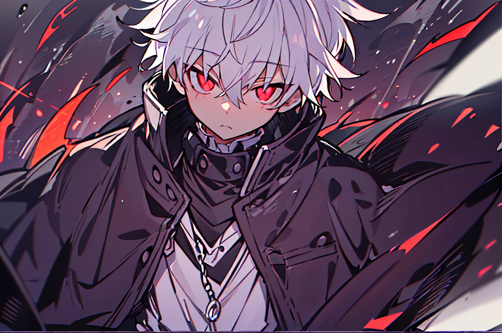 ((One Person)),Anime boy with white hair and red eyes staring at camera, Glowing red eyes,slim, dressed in a black outfit,monochromes,hair messy,deadpan、Diagonal angle,