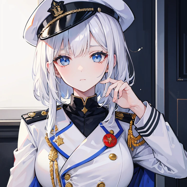 1 Mature girl, white military uniform, military hat, white hair, blue eyes