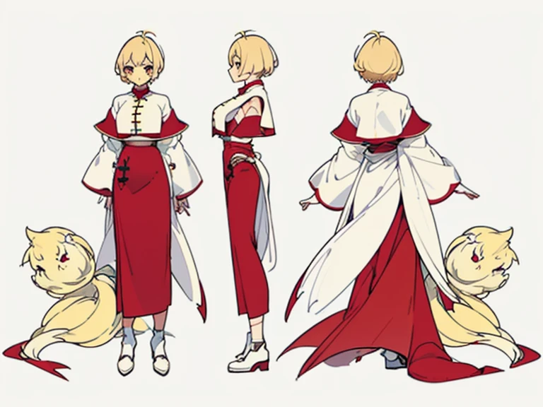 ((Masterpiece)), (((Best Quality))), (Character design sheet, The same full-length character, front, side, backboob), illustartion, 1 girl, Short hair, blonde hair, red clothes, Hair Fax, Yellow eyes, environment change, City Pose, woman's, Shirt Shangyi, Stars, charturnbetalora, ( Background, whitebackground: 1.3) ,--6