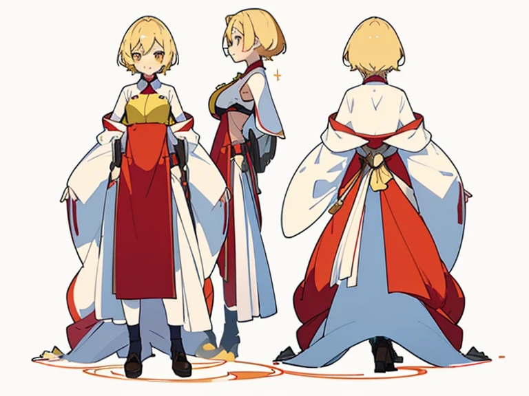 ((Masterpiece)), (((Best Quality))), (Character design sheet, The same full-length character, front, side, backboob), illustartion, 1 girl, Short hair, blonde hair, red clothes, Hair Fax, Yellow eyes, environment change, City Pose, woman's, Shirt Shangyi, Stars, charturnbetalora, ( Background, whitebackground: 1.3) ,--6