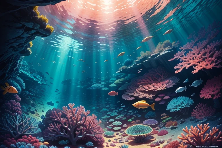 An ver deep underwater world teeming with  vibrant coral reefs and with seldom fishes. Sunlight pierces through the water, illuminating the huge depths with a mesmerizing play of pastel colors.