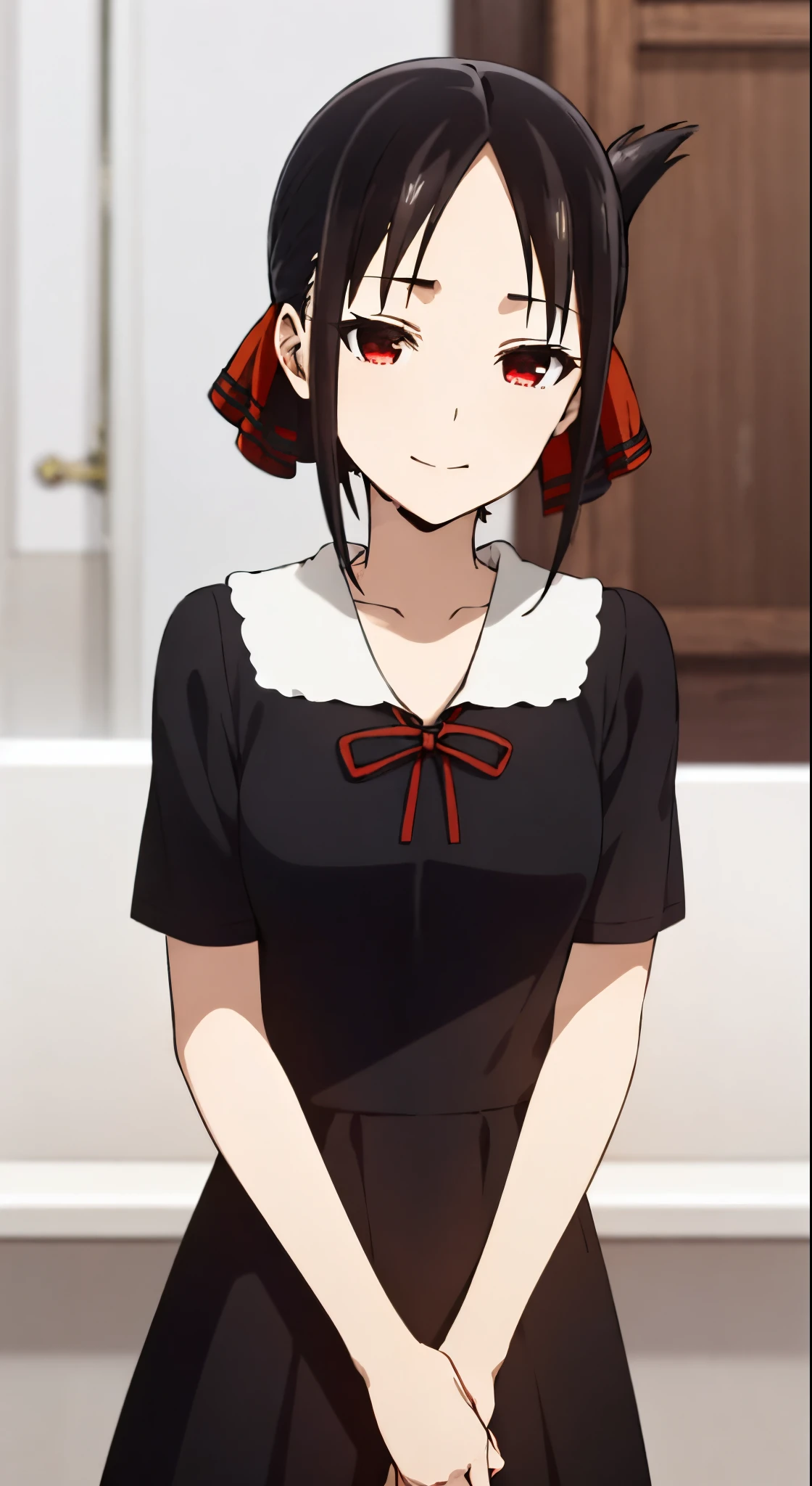 best quality, (masterpiece:1.2), detailed,
shinomiya kaguya,
1girl, solo, closed mouth, light smile,
black hair, red eyes, short hair, folded ponytail, hair ribbon, black dress, red ribbon,
standing, looking at the viewer, medium breasts, ((cum on face, upper body))