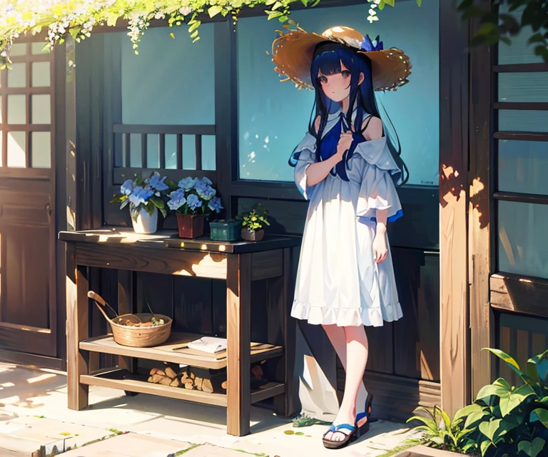 A Cohesive Backstory, 1girl, Dress, hat, 独奏, flower, exteriors, Standing, Sandals, Bangs, plant, Store, (dappled sunlight:1.5), Store, bow, 가슴, 鎖骨, Long hair, straw hat, looking a viewer, Summer white dress, bare shoulders, Sun hat, full - body, White jacket, off-shoulder, Blue flower, frilled dress, sleeveless dress, revealing clothes, Nature, (woods:1.3)

Masterpiece, Best Quality,