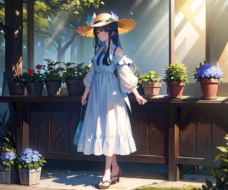 A Cohesive Backstory, 1girl, Dress, hat, 独奏, flower, exteriors, Standing, Sandals, Bangs, plant, Store, (dappled sunlight:1.5), Store, bow, 가슴, 鎖骨, Long hair, straw hat, looking a viewer, Summer white dress, bare shoulders, Sun hat, full - body, White jacket, off-shoulder, Blue flower, frilled dress, sleeveless dress, revealing clothes, Nature, (woods:1.3)

Masterpiece, Best Quality,