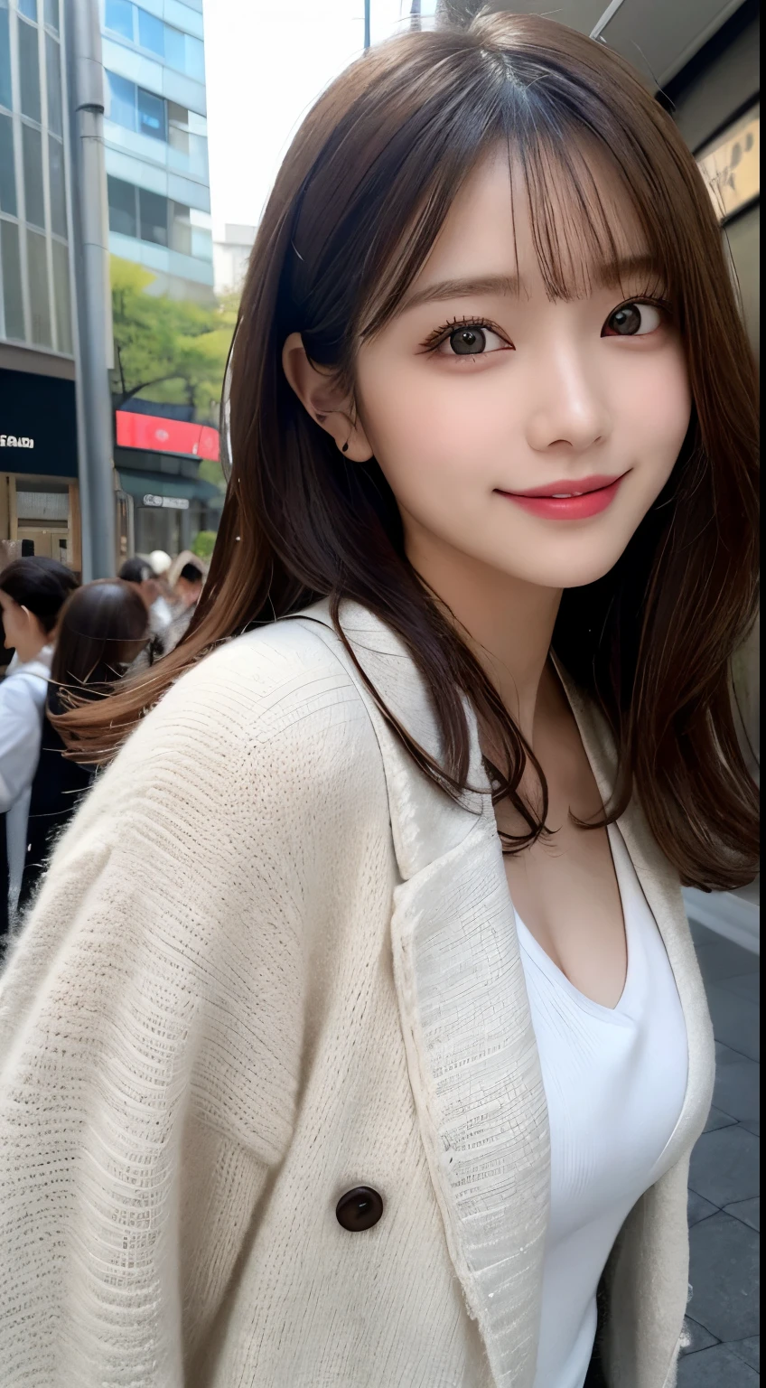 masutepiece, Best Quality, Illustration, Ultra-detailed, finely detail, hight resolution, 8K Wallpaper, Perfect dynamic composition, Beautiful detailed eyes, long coat and knit,Medium Hair,Small breasts natural color lip, Bold sexy poses,Smile,Harajuku、20 years girl、Cute、Sexy shot looking at camera,Perfect and beautiful face