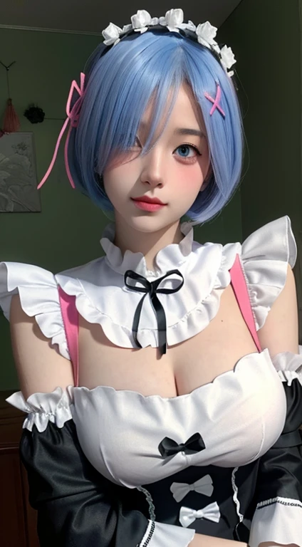 r_big breasts and big breasteter, 1个Giant Breast Girl,(pretty face:1.25) blue short hair, eBlue eyes, hair covering one eye, hair adornments, pink hairband, Rem's maid uniform, separated sleeves, (actual:1.7),((Best quality at best)),absurd res,(超高分辨率),(realisticlying:1.6),realisticlying,octaneratingrendering,(Hyper-realistic:1.2), (photorealiscic face:1.2), (8K), (4K), (tmasterpiece),(realistic skin textures), (illustratio, 电影灯光,the wallpaper),( pretty eyes:1.2),((((s the perfect face)))),(Cuanding),((looking at viewert)),(dynamicposes:1.3), The upper part of the body, Permanent,Indoors, liveroom, sofe, form, janelas
