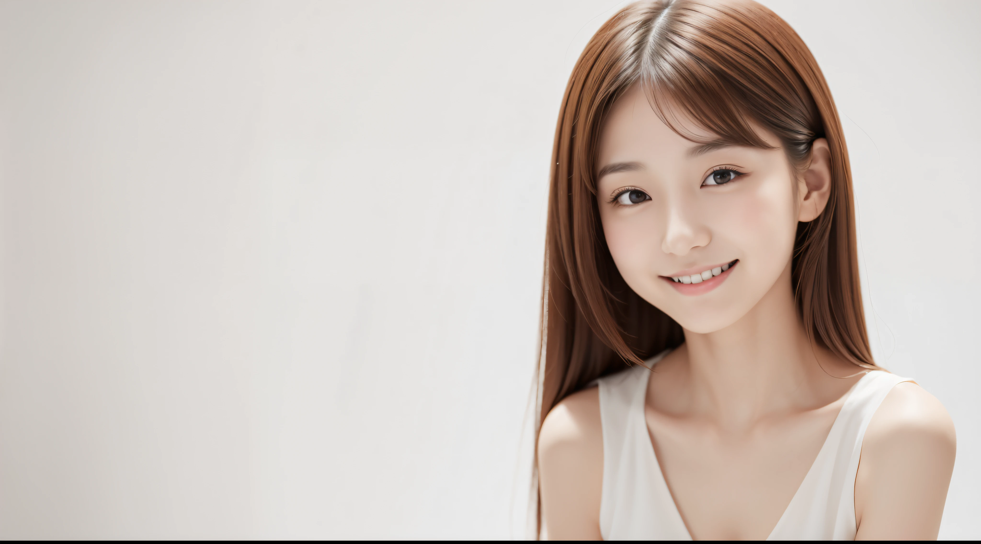 Young japanese lady, 20s, White background, Brown hair, slender, 4K, 8K, High quality, Beauty, Smile, Beautiful eyes, It features a simple, High resolution