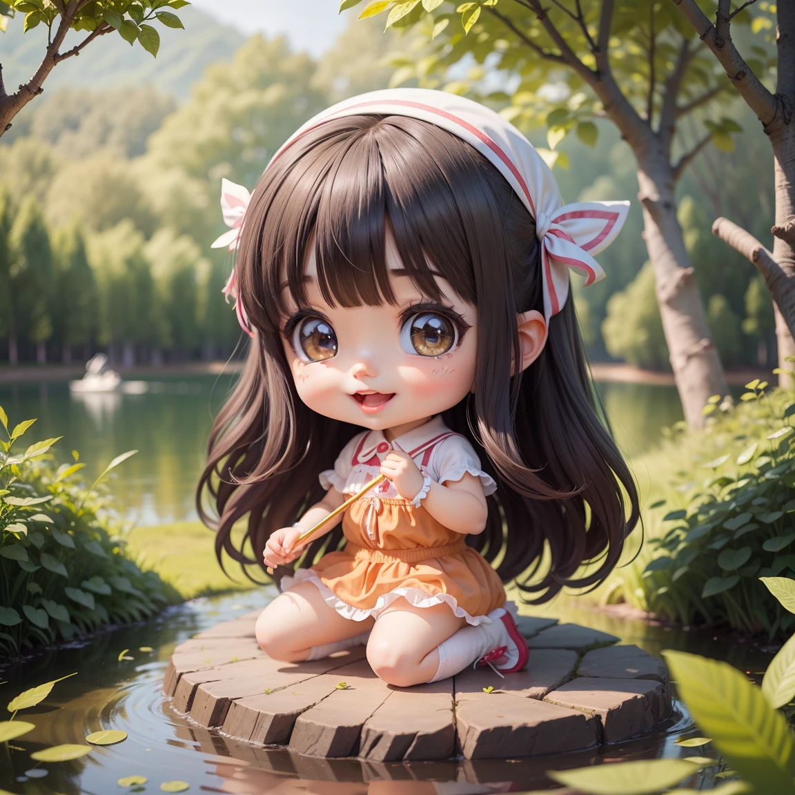 Cute Chibi Anime,Super masterpiece, top-quality, Ultra-detailed, girl1、(((Chibi)))、A dark-haired、magical littl、magic wand、Open your mouth and smile、Looking at the camera、Fulll body Shot、Forests and lakes in the magical land of fairy tales