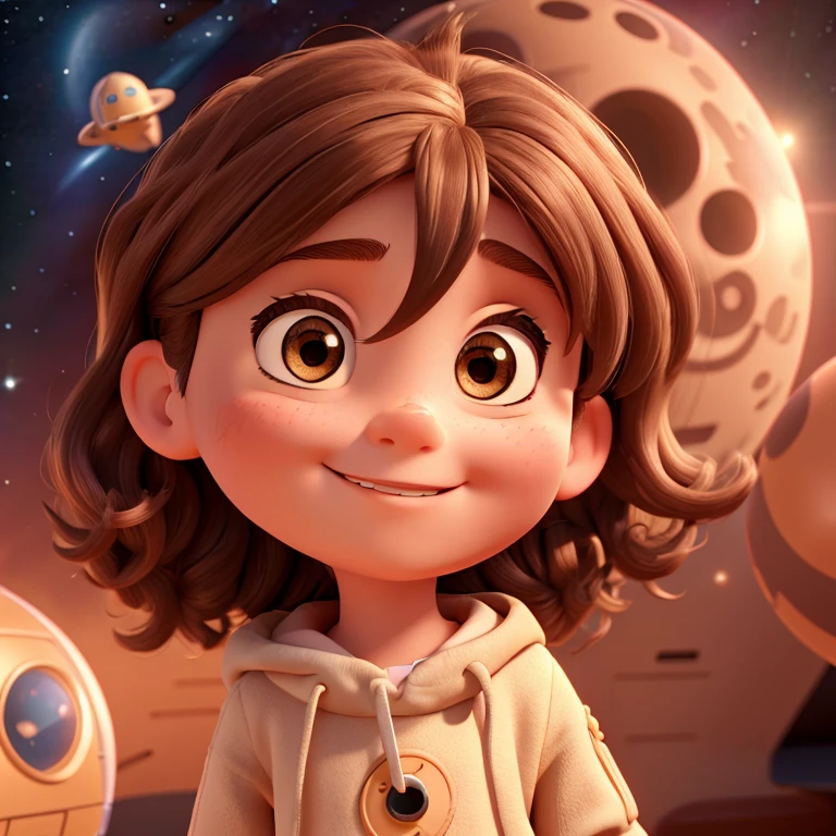 A Disney Pixar seven year old girl with brown not too long wavy hair, brown eyes with big eyelashes, round face, bold cheekbones, not a French nose, smiling and wearing and astronaut costume floating around space with the planets showing behind her.3D image