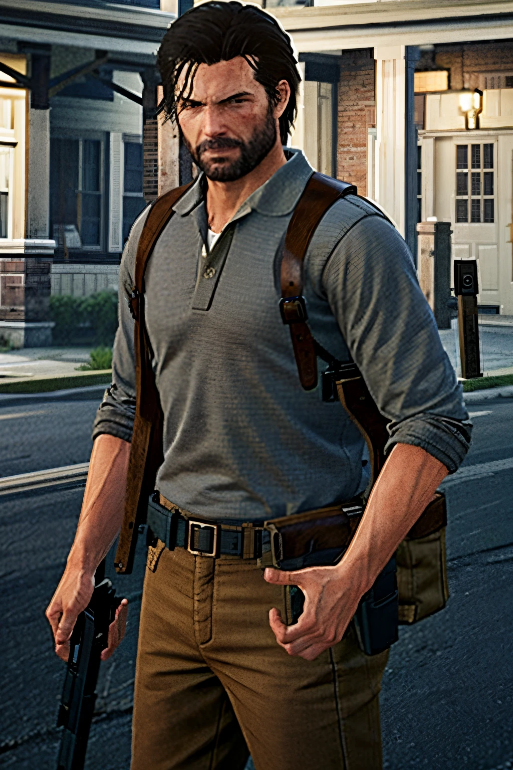 (masterpiece, best quality)
Sebastian2Evil,  solo, looking at viewer, short hair, brown hair, shirt, black hair, 1boy, holding, brown eyes, closed mouth, weapon, male focus, collared shirt, pants, bag, holding weapon, gun, blood, facial hair, bandages, backpack, blue shirt, holding gun, grey shirt, rifle, beard, sleeves rolled up, hand in pocket, bandaged arm, realistic, assault rifle, brown pants, bandaged hand