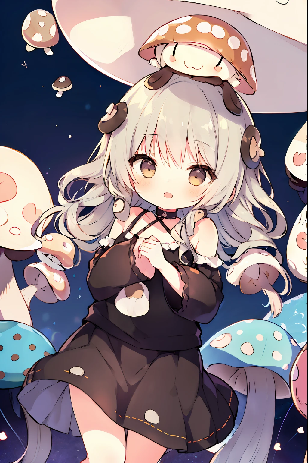 (a chibi girl) ( mushroom on head:1.3), curly hair, long skirt, night