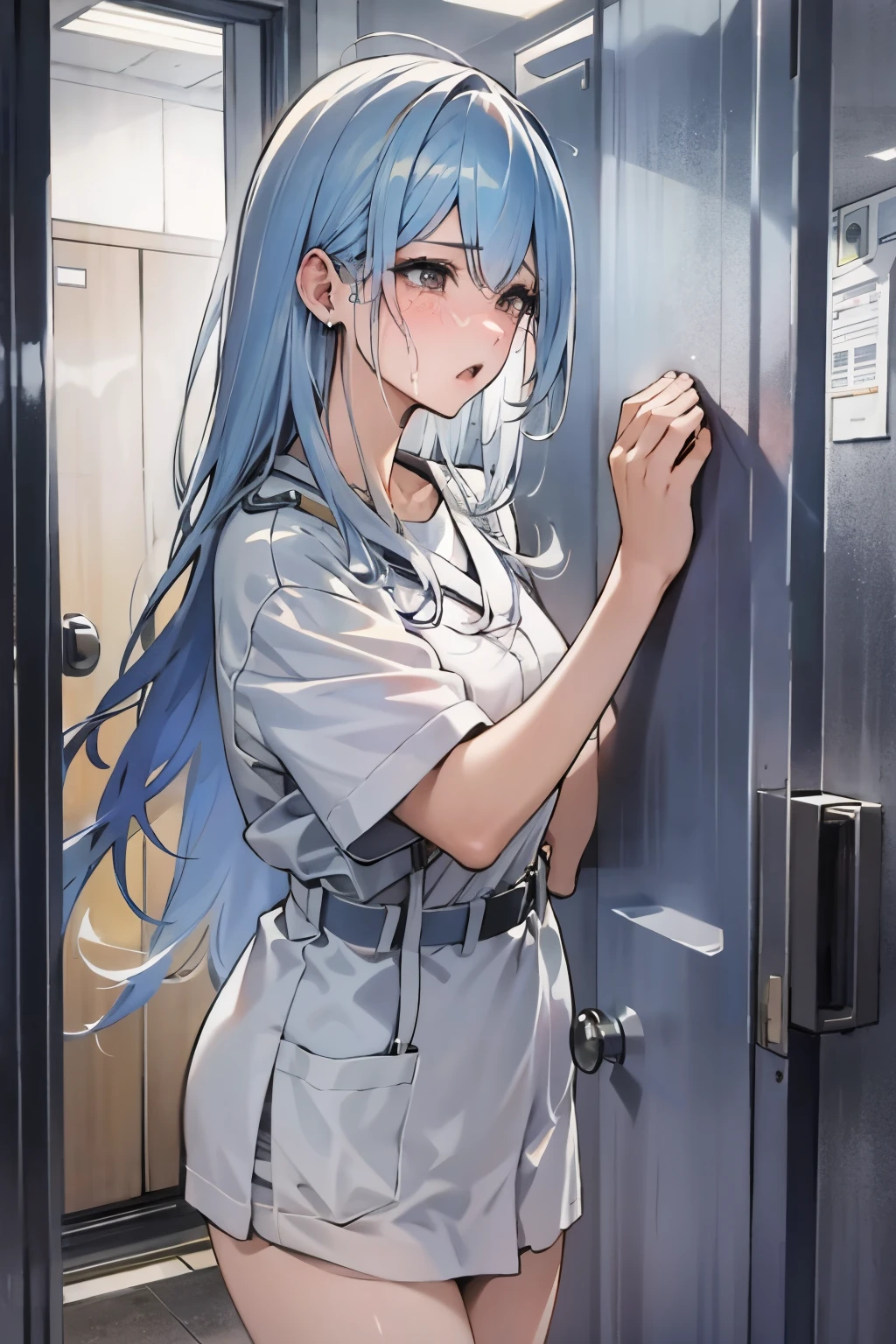Realistic style,A young woman at the door of the hospital,Cry,beats