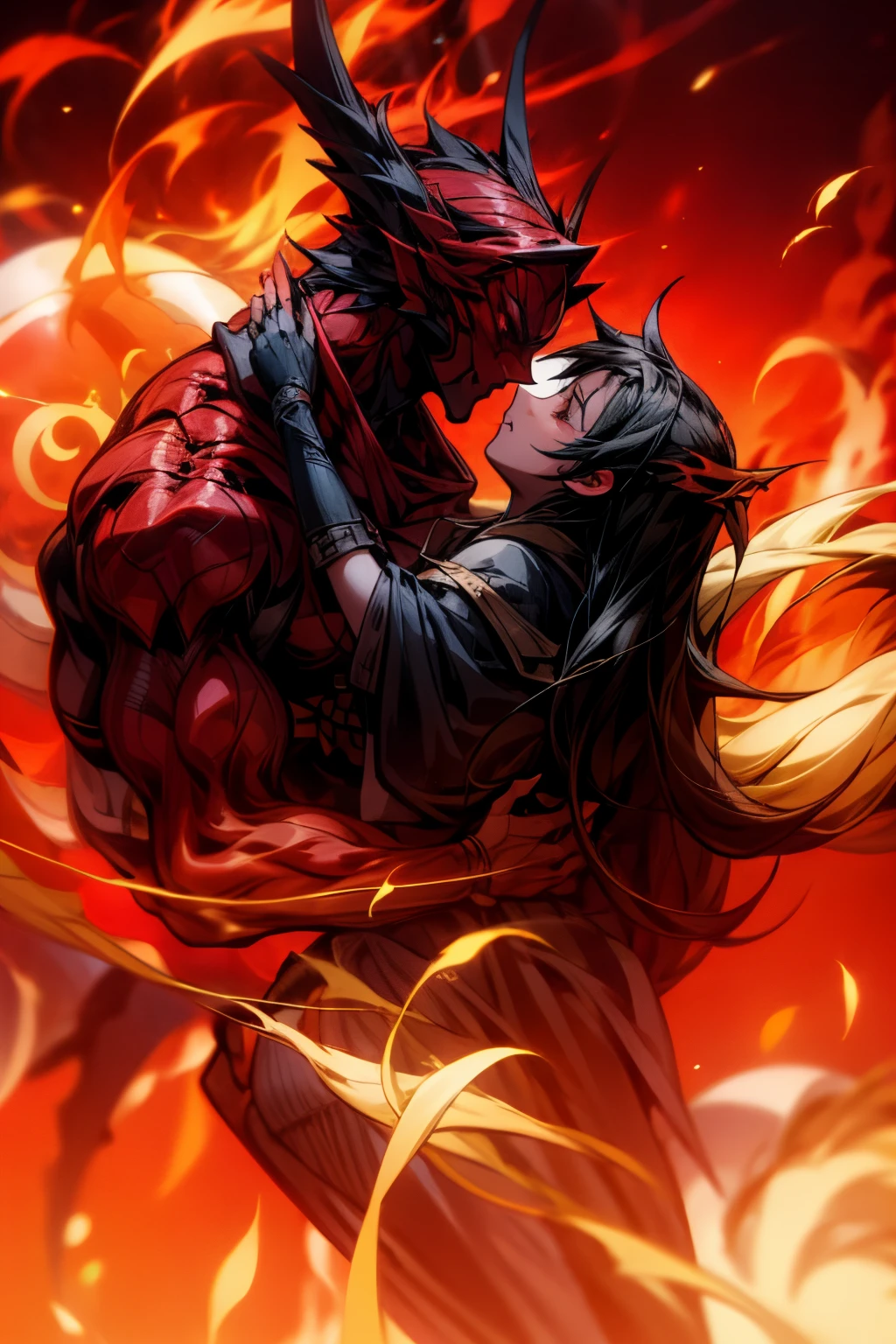 tmasterpiece, Best quality at best, Detailed pubic hair, A high resolution, (Flame/火焰/loimu，dynamic scene:1.3)，Romantic couple kissing in fire，firestorm, on fire, strange fantasy images,  great skin texture