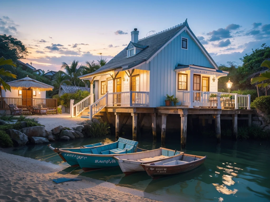 beach，Seaside cottage, blue-sky, Brazil, small boats, the detail, 8K high-definition, Best quality，ultra - detailed, lamplight，The best shadow，tmasterpiece，A high resolution，professionalartwork，famousartwork