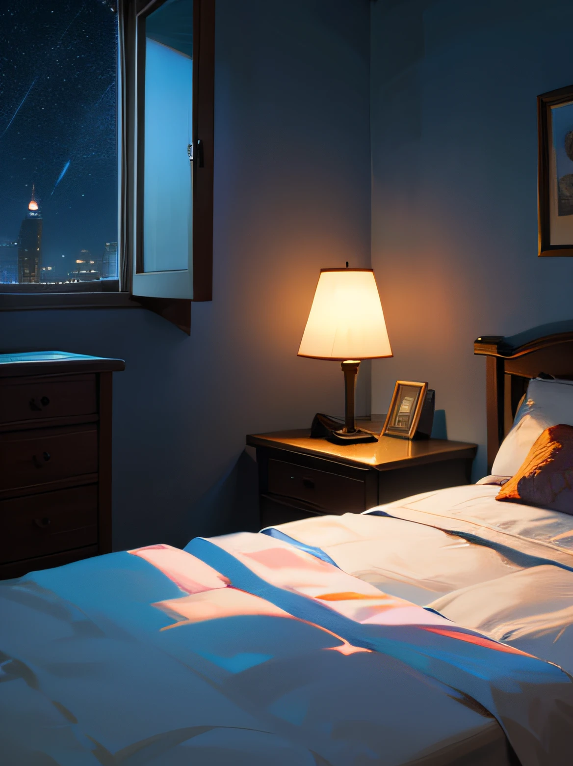 bedroom,bed,pillow,no character, window, night,lamp