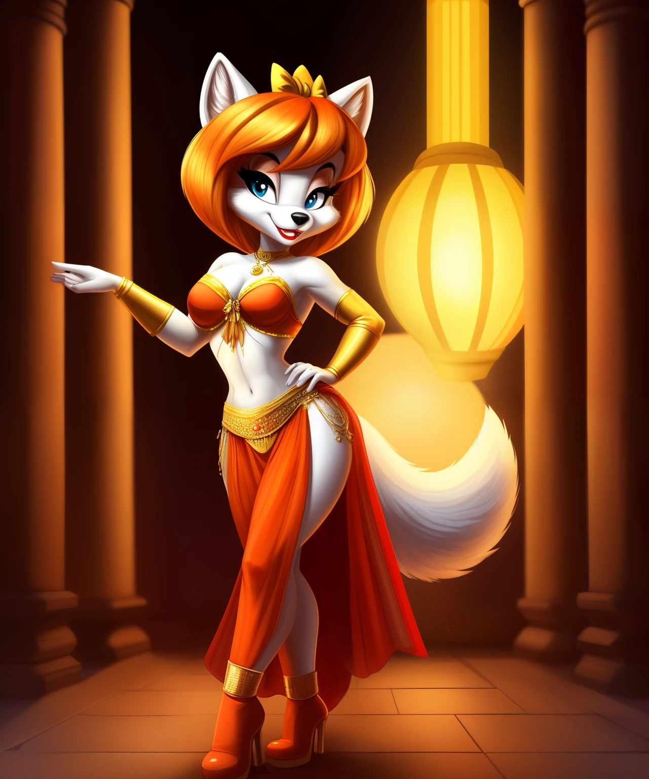 Arancia the female anthto arctic fox, orange hair, red lipstick, orange belly dancer, orange boots, holding a futuristic orange orb, tiny toons style