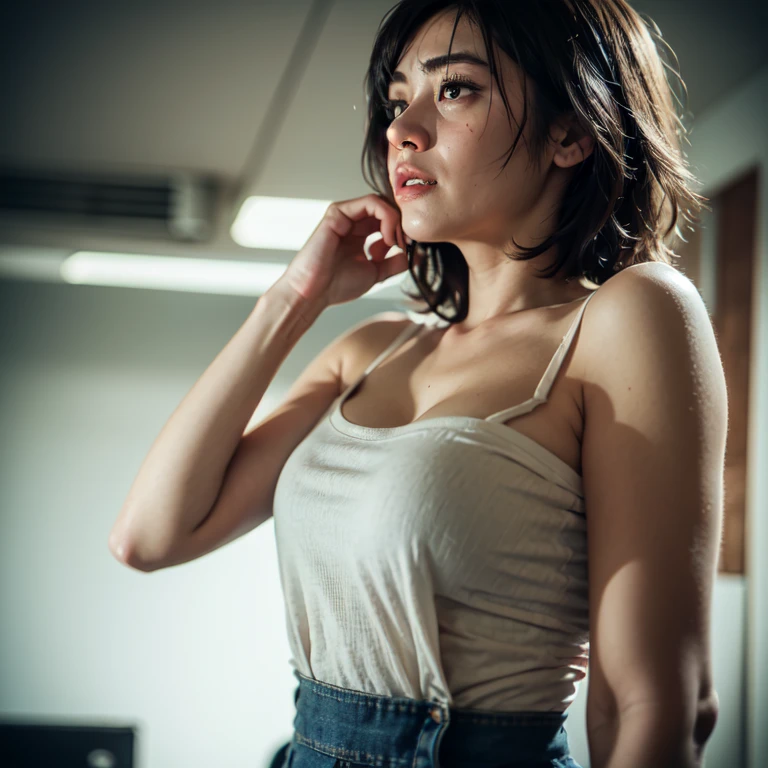 A diagonal top down film photograph, It is a hot summer night. A sensual lady of big eyes and short bob cut sitting on A single bed beside the window, colourful neon lights from outside the window shines into the bedroom, the bedroom is simple and old, hong kong, in the style of Wong Kar Wai.