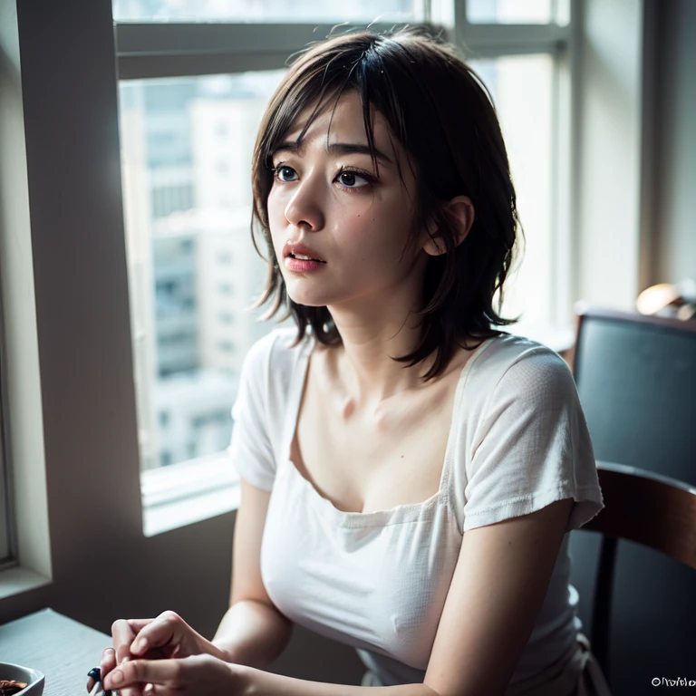 vivid colors, soft lighting, artistic portrait style, (tmasterpiece:1.2, Best quality at best), 1 woman, Alone, The upper part of the body, large tities, Tight white T-shirt and jeanlack short messy hair, makeup, Confident and relaxed, aprons，parted lips , teats slightly embossing, Look up at the lens, drunk face,