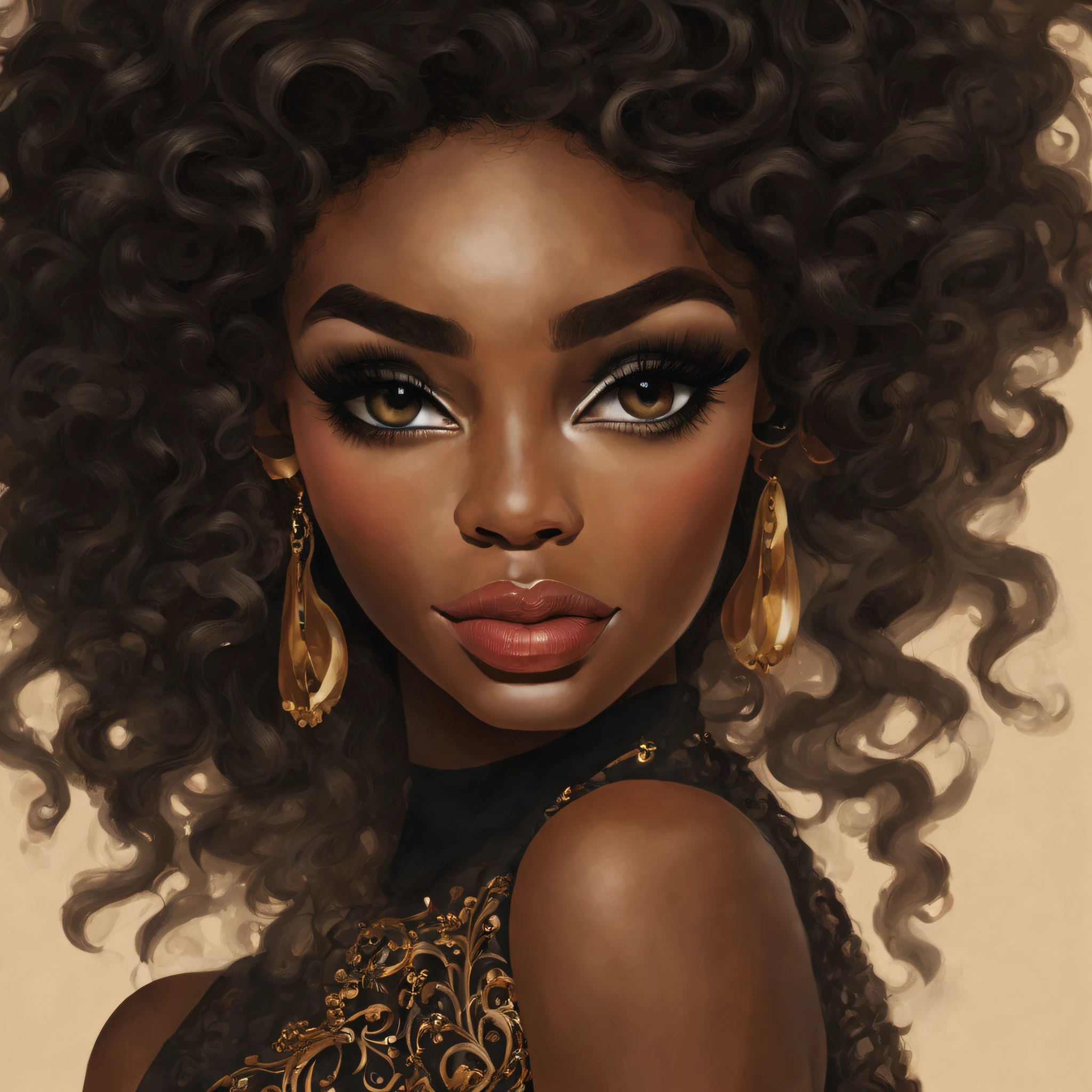 a black woman,Lateral face,ssmile,Long eyelashes,with black curled hair,extremly high detail