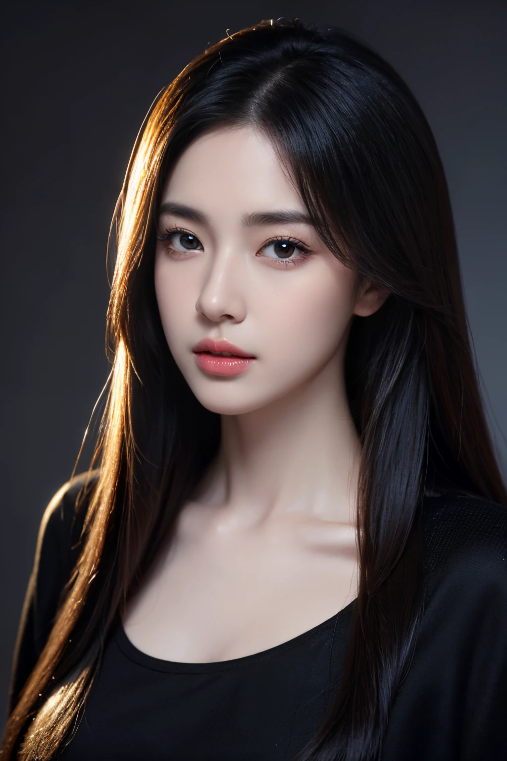 tmasterpiece，Best quality at best，A high resolution，8K，((Portrait))，(Head close-up)，Original photo，real photograph，digital photography，(The queen of the modern world)，(Female president)，20岁女孩，straight long hair，By bangs，The amount of hair  amazing，red eyelash hair)，Big breasts，Chest groove， accessories，cparted lips，Keep your mouth shuegant and charming，Serious and arrogant，Calm and handsome，(Women's professional wear，Black)，Photo pose，Realisticstyle，greybackground，oc render reflection texture