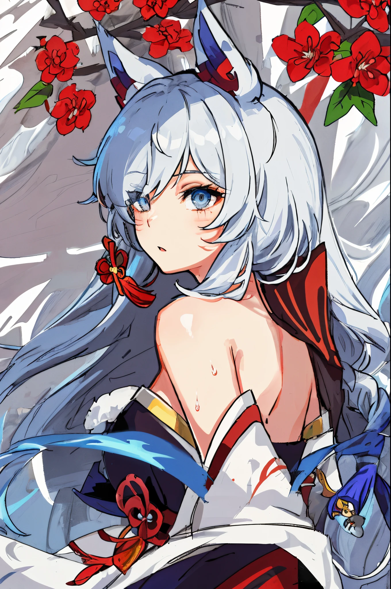 a close up of a person in a costume with a sword, Ayaka Genshin Impact, portrait onmyoji, Onmyoji, keqing from genshin impact, ayaka game genshin impact, zhongli from genshin impact, fox nobushi, genshin impact character, onmyoji detailed art, characters from azur lane,1girl in,Solo,1girl in,Solo,((Beautiful detailed eyes)), (Detailed light),depth of fields,(White hair),Silver eyes,Hair over one eye,(Red flower ), Hair Flower,Long hair,Black cloak,Wet,deadpan,Looking back,Night,starfall,Sateen,Fog,Red flowers fall,sketch,Upper body,intense shadow,